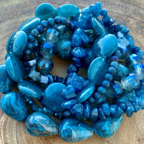 Natural Blue Gray Apatite, Jasper & Moonstone Gemstone Mix Bead Bracelet Stack - Picture 2 of 13